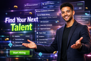 Featured image of a modern entrepreneur in a futuristic workspace with holographic dashboards and social media hiring analytics for chamet agency Colombia recruitment and host candidate pipelines.