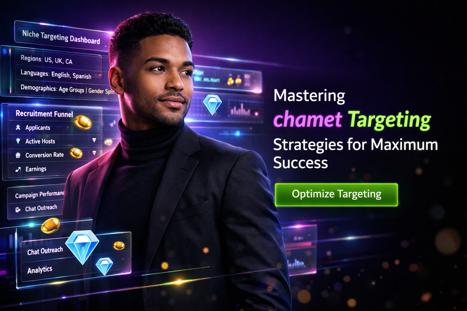 Featured image showing a modern entrepreneur in a futuristic dark workspace using holographic analytics dashboards for chamet agency niche targeting across regions, languages, and demographics, with glassmorphism UI panels and neon accents.