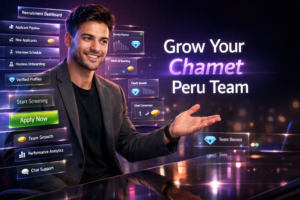 Featured image of a modern entrepreneur in a futuristic neon workspace with holographic recruitment dashboards and analytics, illustrating chamet agency peru recruitment strategies to grow a Chamet Peru team.