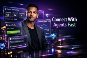 Featured image showing a young entrepreneur in a futuristic dark workspace using holographic dashboards and chat panels to apply chamet agent networking strategies for faster connections and partnerships in a chamet agency.