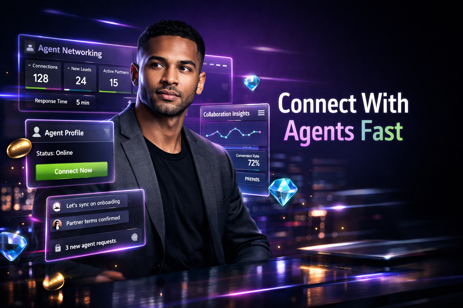 Featured image showing a young entrepreneur in a futuristic dark workspace using holographic dashboards and chat panels to apply chamet agent networking strategies for faster connections and partnerships in a chamet agency.