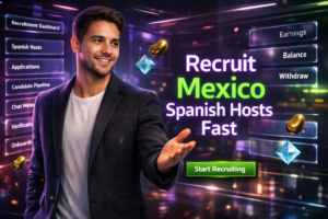 Featured image of a modern entrepreneur in a futuristic neon workspace using analytics dashboards and chat panels to speed up chamet agency mexico recruitment and hire Spanish-speaking hosts quickly for a chamet agency.