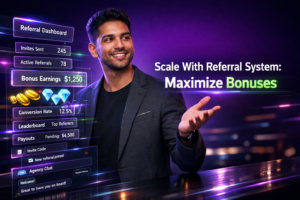 Featured image of a young entrepreneur in a futuristic dark workspace with holographic referral analytics and earnings dashboards explaining the chamet agency referral system and how to track invites and maximize bonuses to scale an agency.