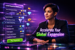 Featured image for a guide comparing chamet agency Brazil vs LATAM strategy, showing an entrepreneur in a futuristic workspace with English analytics panels for Portuguese vs Spanish markets, tools, recruitment funnels, and expansion planning dashboards.