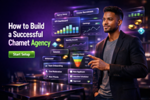 Featured image of a young entrepreneur in a futuristic dark workspace reviewing dashboards and recruitment panels for how to build chamet agency in latin america, showing realistic analytics, earnings, and setup steps for a chamet agency.