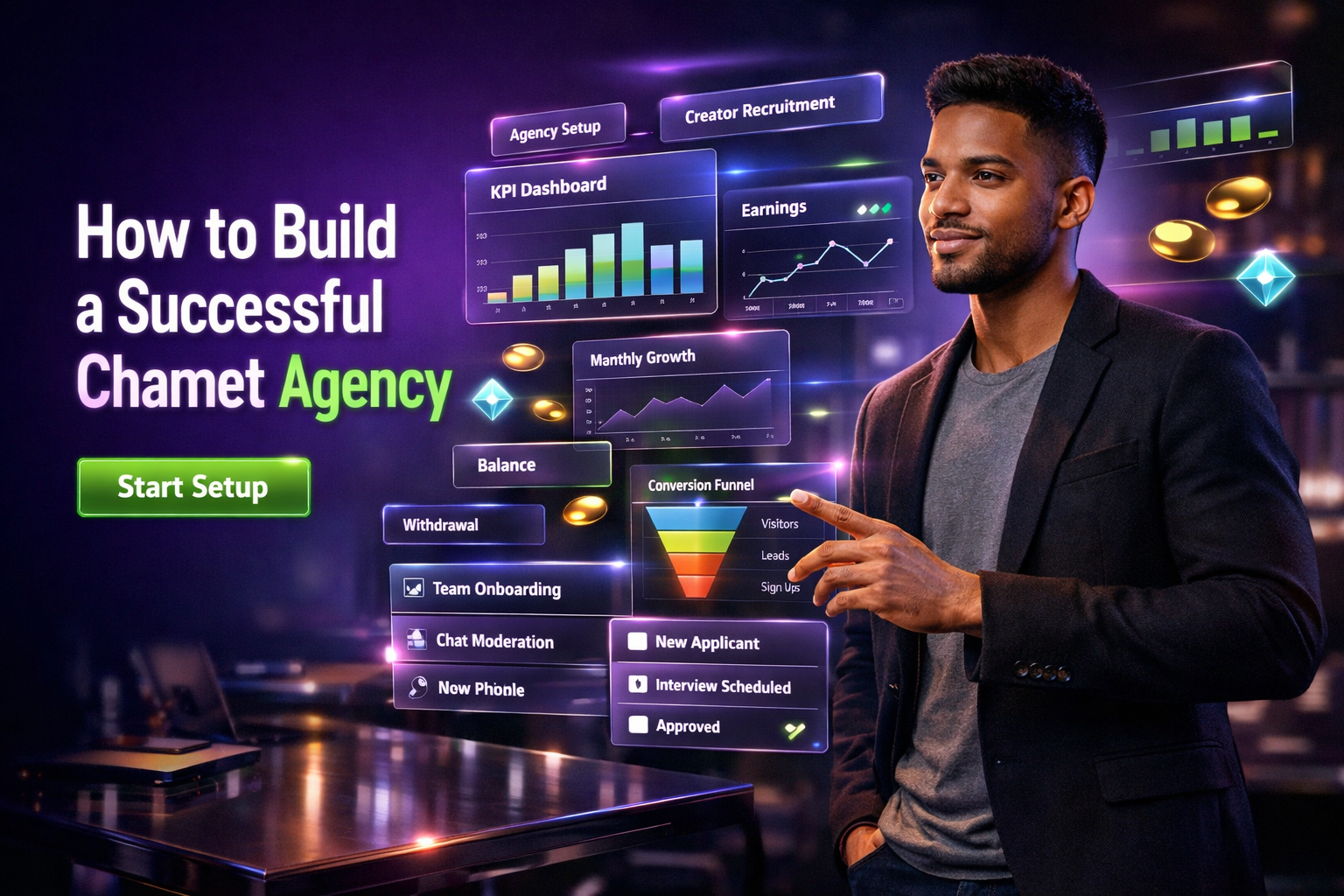 Featured image of a young entrepreneur in a futuristic dark workspace reviewing dashboards and recruitment panels for how to build chamet agency in latin america, showing realistic analytics, earnings, and setup steps for a chamet agency.