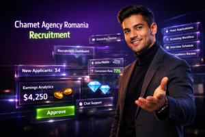 Featured image showing a modern entrepreneur in a futuristic workspace with holographic recruitment dashboards and analytics for chamet agency Romania recruitment of European hosts.