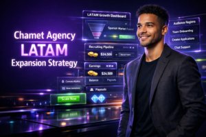 Featured image showing a modern entrepreneur in a futuristic dark workspace reviewing holographic analytics dashboards for chamet agency growth in Latin America and scaling Spanish-market recruitment.