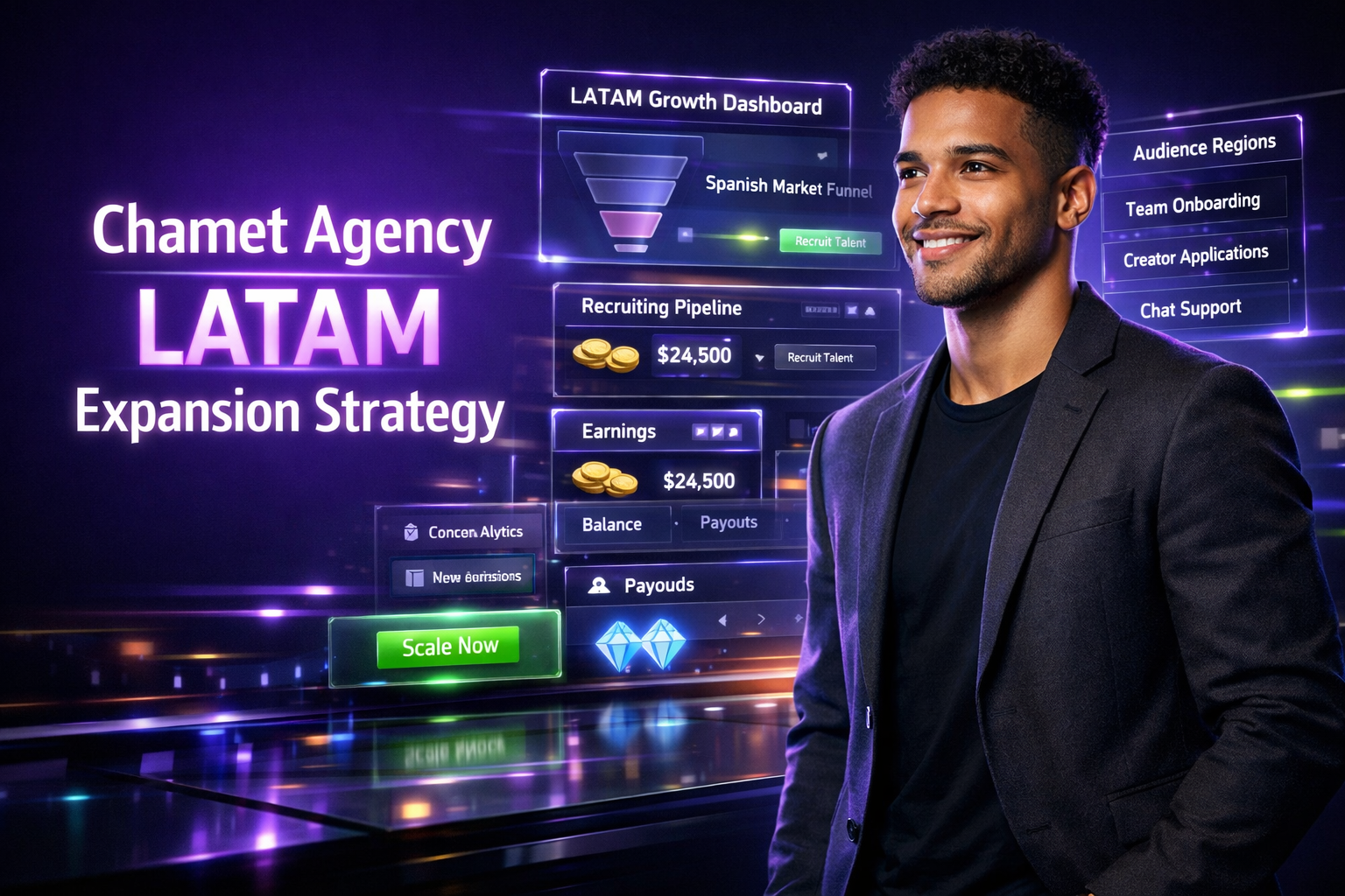 Featured image showing a modern entrepreneur in a futuristic dark workspace reviewing holographic analytics dashboards for chamet agency growth in Latin America and scaling Spanish-market recruitment.