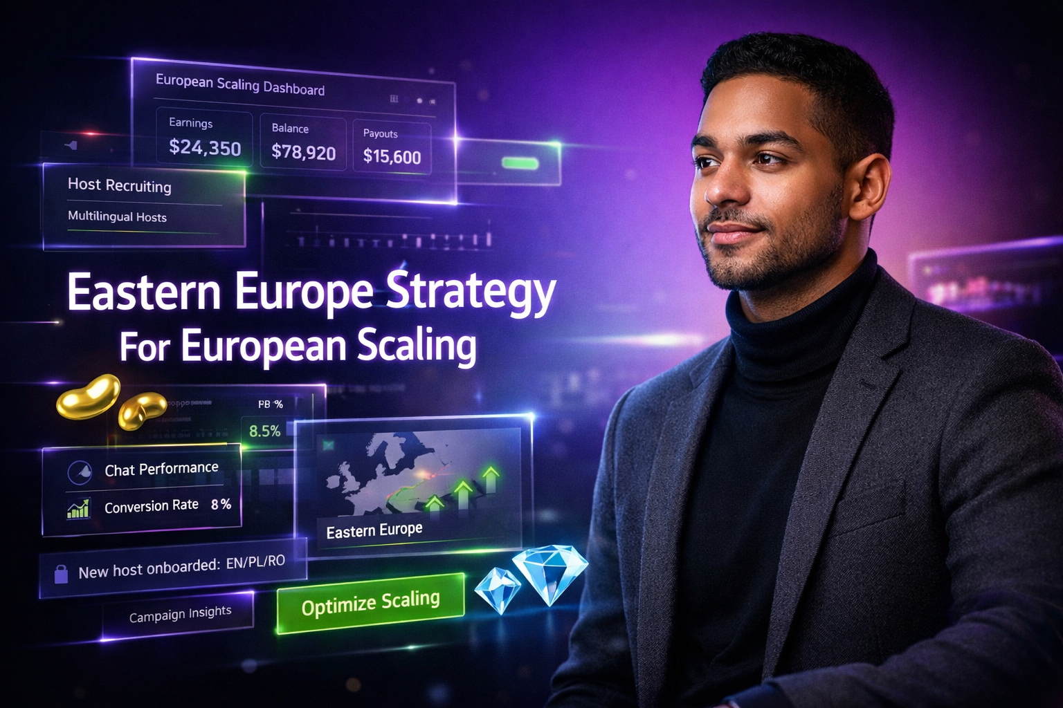 Feature image showing a young entrepreneur in a futuristic dark workspace with holographic analytics dashboards about chamet agency growth, highlighting an Eastern Europe strategy for European scaling, multilingual host recruitment, and performance metrics.