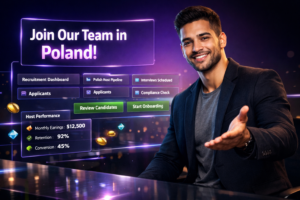 Featured image of a modern entrepreneur in a neon, holographic workspace showing recruitment dashboards for chamet agency Poland recruitment and Polish host hiring across Europe.