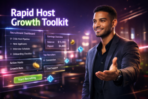 Featured image of a modern entrepreneur in a futuristic workspace with holographic recruitment dashboards and analytics for chamet agency chile recruitment, showing Chile host pipeline, onboarding, and growth metrics for a chamet agency guide.