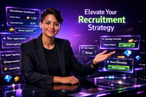 Featured image of a modern entrepreneur in a futuristic dark workspace with holographic recruitment dashboards and analytics for chamet agency spain recruitment, showing host applications, Spain targeting, onboarding steps, and earnings overview.