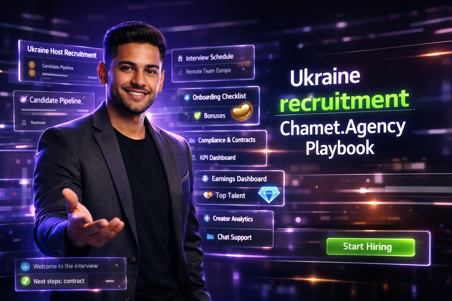 Featured image for a guide on chamet agency ukraine recruitment showing a professional entrepreneur in a futuristic dark workspace with holographic hiring dashboards, remote team panels, analytics, and chat interfaces for scaling host recruitment in Europe, presented by chamet agency.