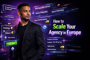 Cinematic tech workspace scene showing an entrepreneur reviewing EU expansion dashboards and multilingual recruitment panels for building a chamet agency in Europe.