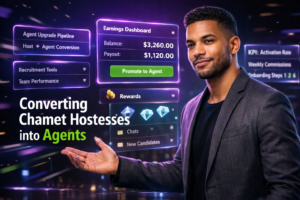 Featured image showing a modern entrepreneur in a futuristic dark workspace with English holographic dashboards about upgrading Chamet hostesses into agents, recruitment tools, team performance, and earnings analytics for chamet agency.
