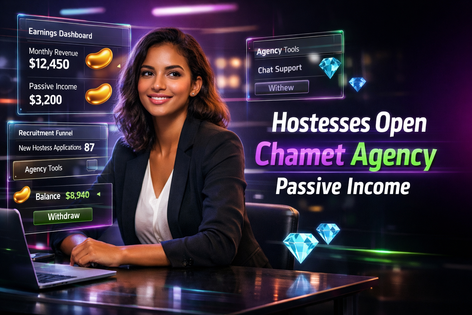 Featured image of a confident young entrepreneur in a futuristic neon workspace reviewing earnings dashboards and recruitment analytics, illustrating why hostesses should open a chamet agency for passive income and scalable growth.