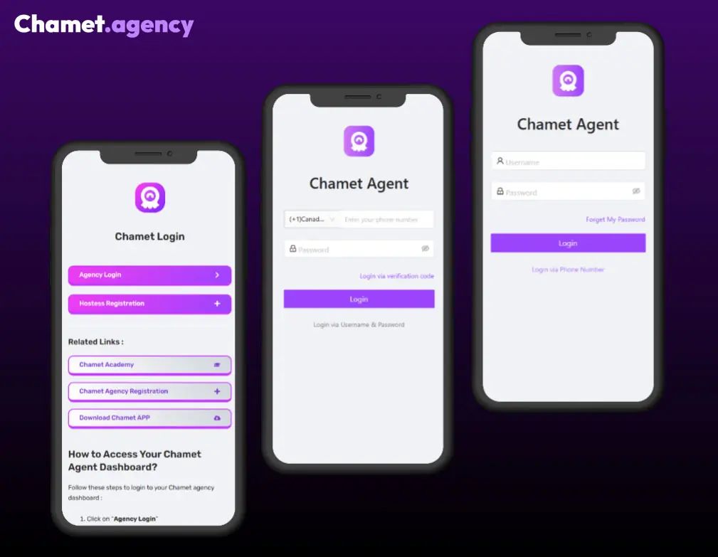 Chamet agency sign in to the dashboard screen